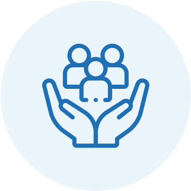 Blue icon of two hands holding a group of three people.